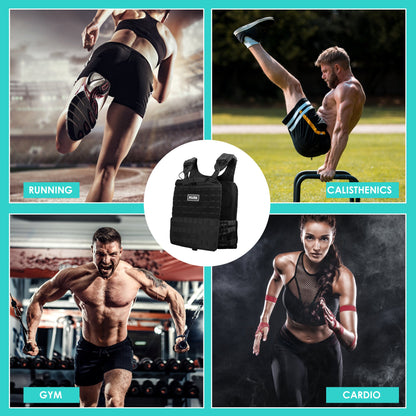 Fitness collage with running, calisthenics, gym, cardio scenes and a central black vest.