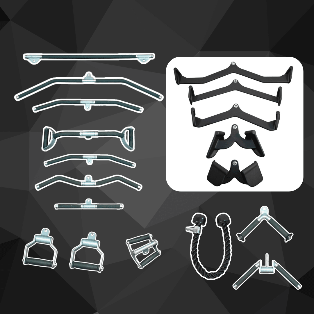 Assorted gym attachments: bars, handles, cuffs, rope, and hooks.