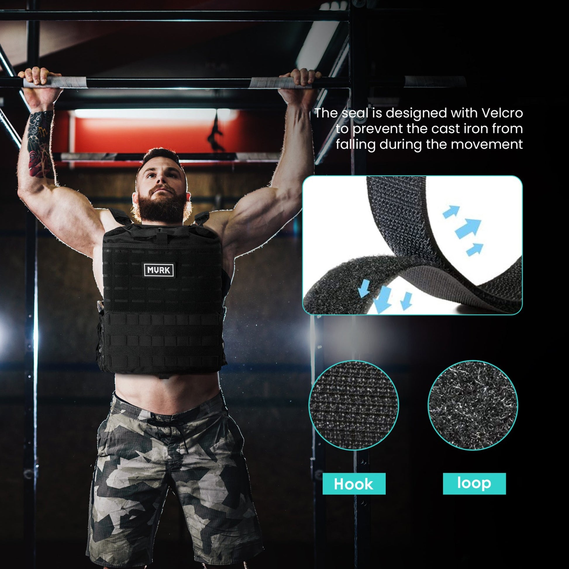 Man wearing a black weighted vest doing pull-ups with Velcro seal.