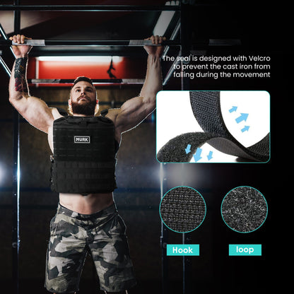 Man wearing a black weighted vest doing pull-ups with Velcro seal.