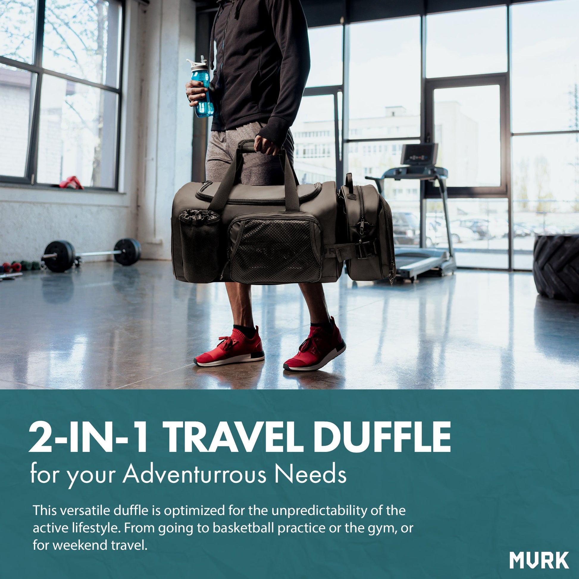 Person at gym carrying a 2-in-1 travel duffle bag and water bottle.