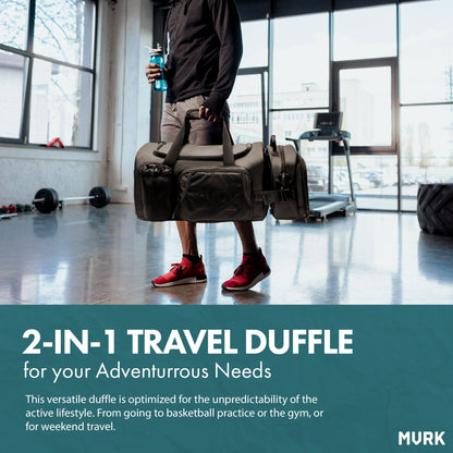 Person at gym carrying a 2-in-1 travel duffle bag and water bottle.