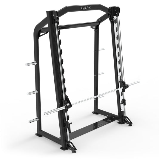 XMARK power rack frame with barbell and weight posts.