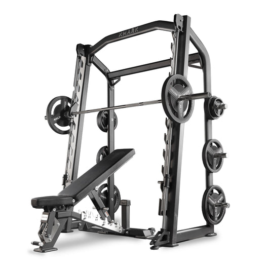 XMark Smith machine with adjustable bench and weight plates.
