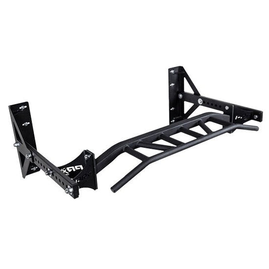 Black wall-mounted pull-up bar with multiple grip bars and angled support brackets.
