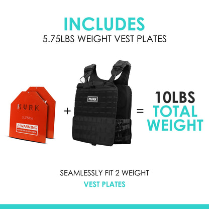 Graphic showing 5.75 lb weight plates and a vest, totaling 10 lbs.