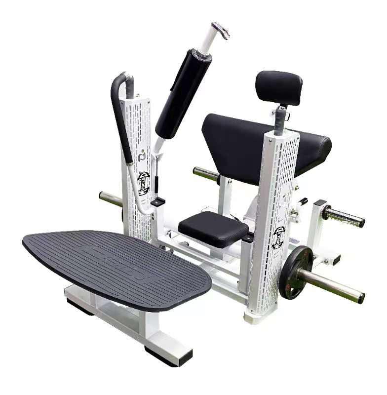 Multi-gym workout machine with bench, leg extension, and weight plates.
