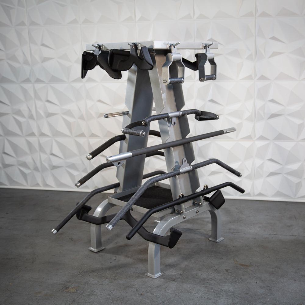 Industrial metal gym rack with multiple hooks for accessories.