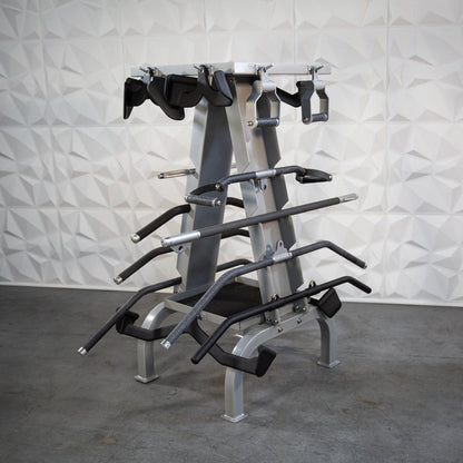 Industrial metal gym rack with multiple hooks for accessories.