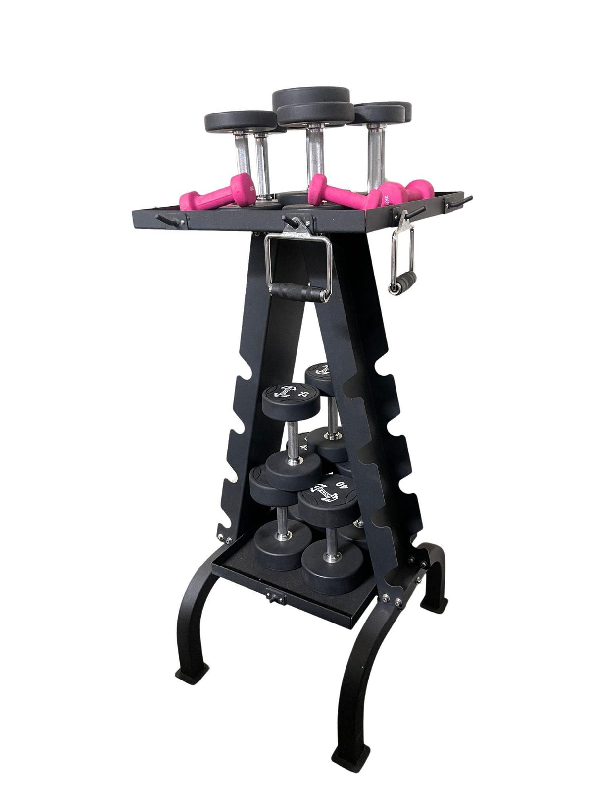 ST-AR-B accessory rack holding dumbbells and weights.