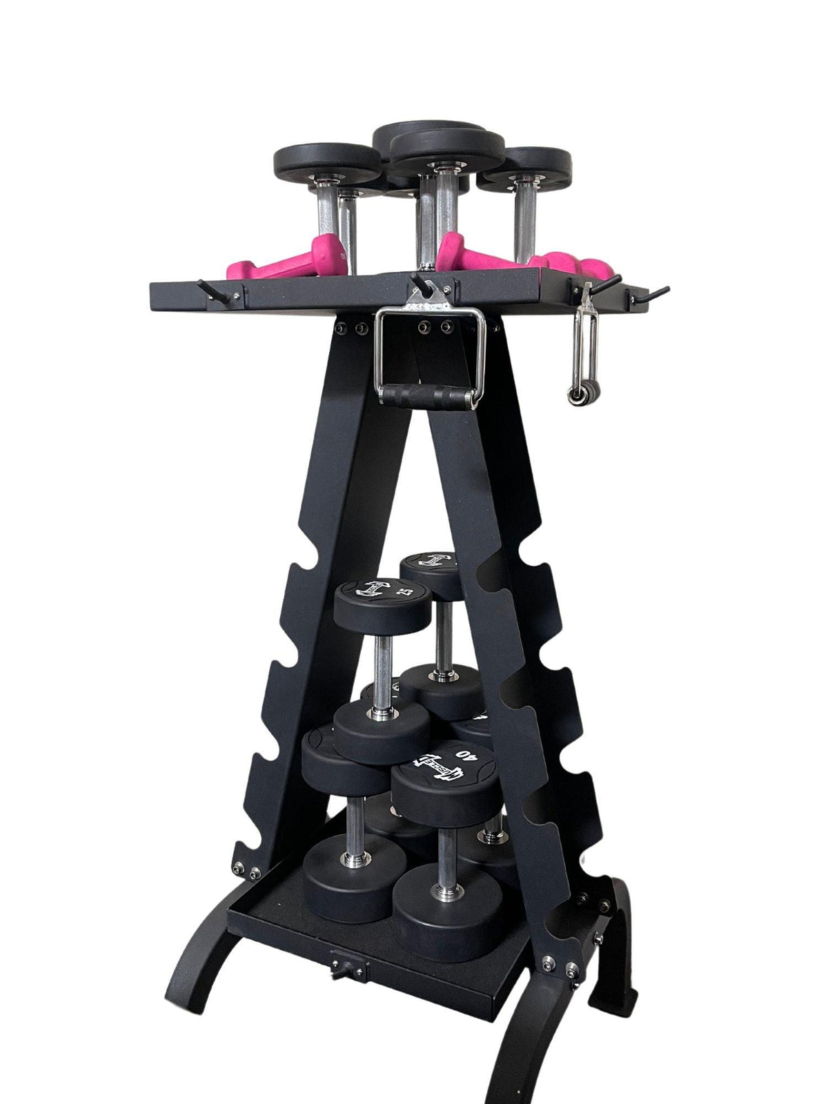 ST-AR-B accessory rack with dumbbells on a black steel stand.