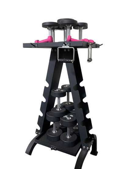 ST-AR-B accessory rack with dumbbells on a black steel stand.