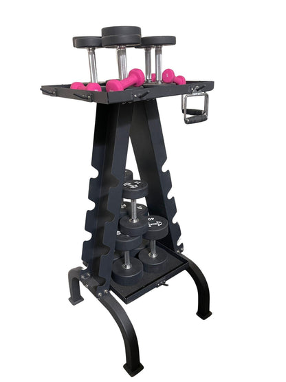 Black fitness accessory rack holding pink dumbbells and weights.