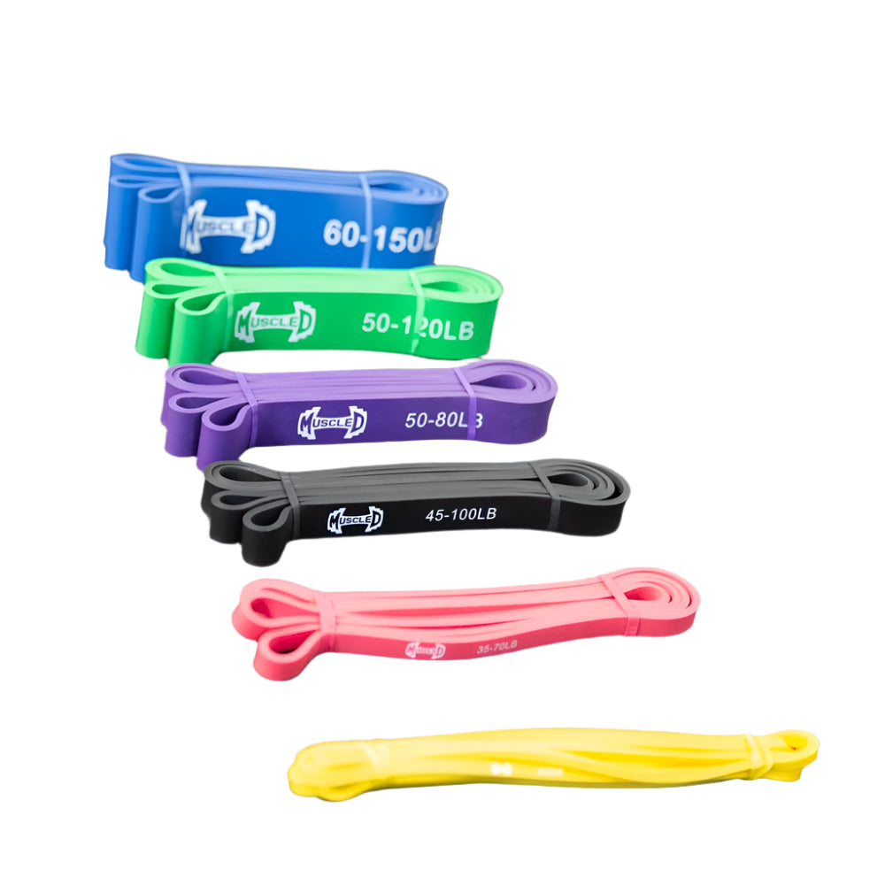 Set of colorful loop resistance bands in different weights (blue to yellow).