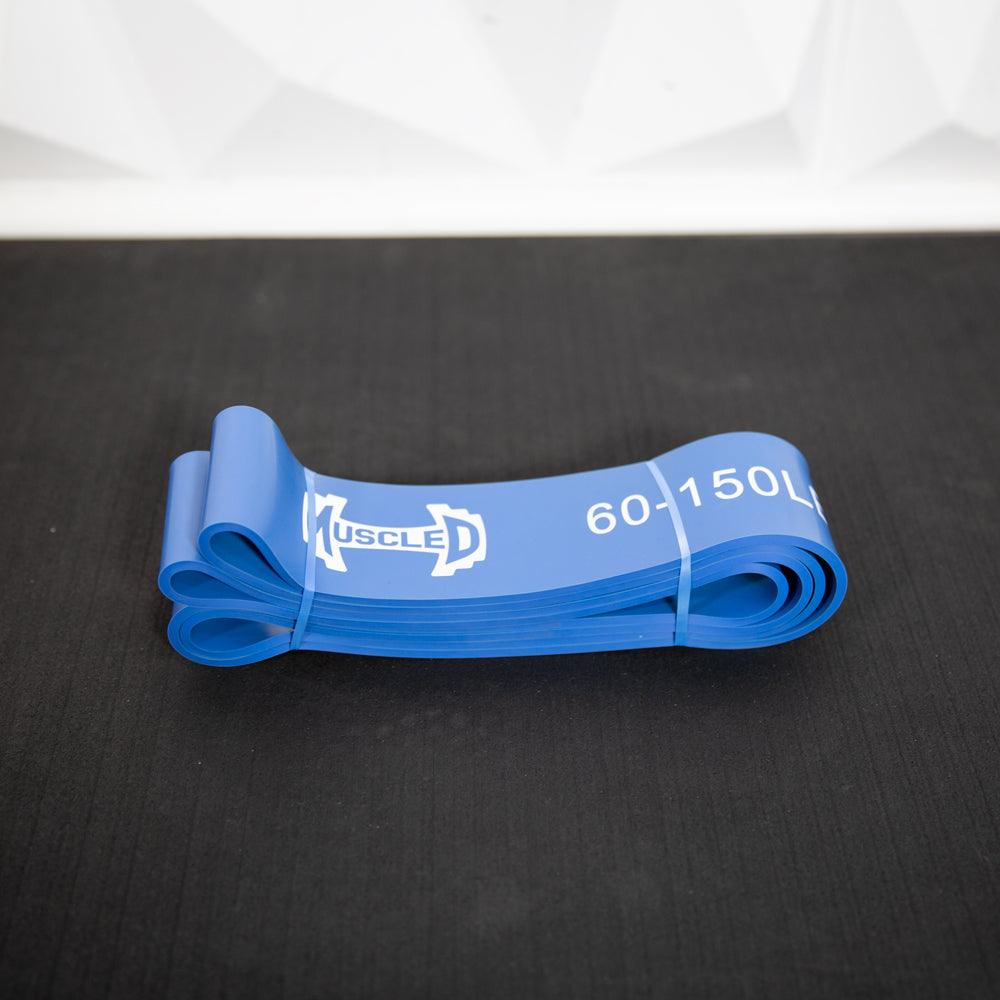 Blue loop resistance band with Muscle D logo and '60-150LB' text.