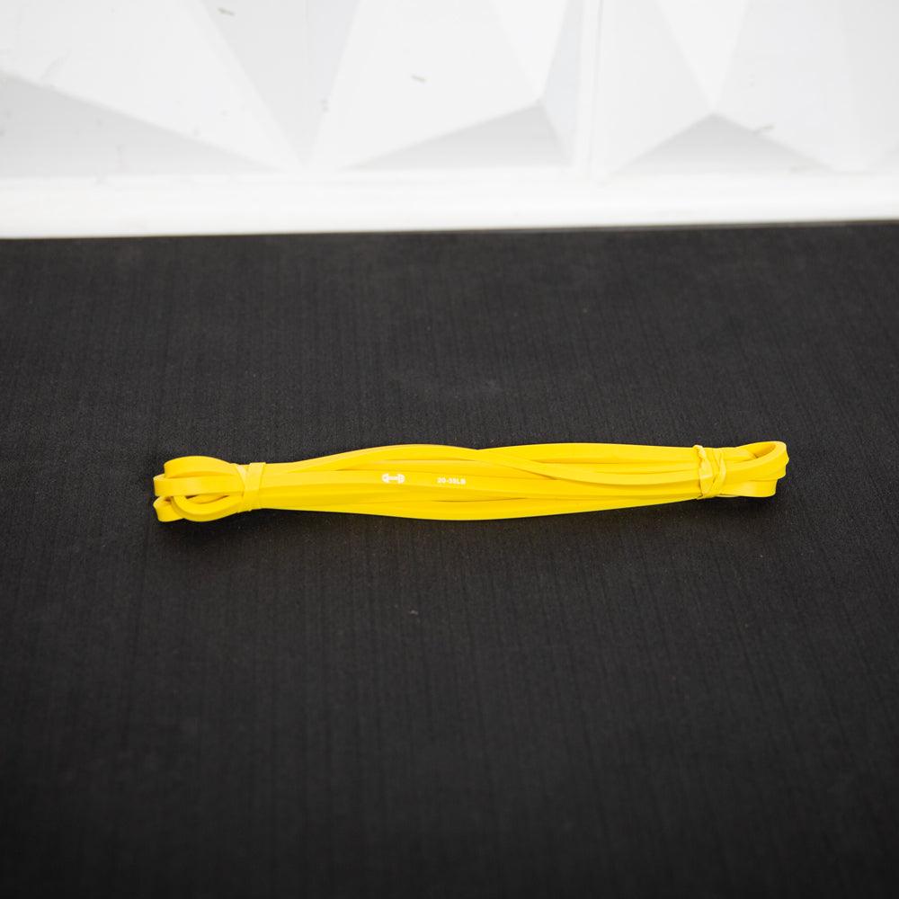 Yellow flat resistance bands coiled and tied on a black surface.