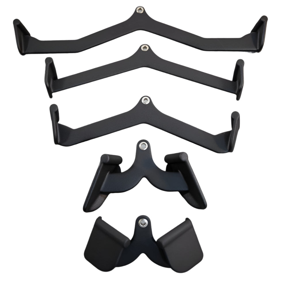 Set of black metal furniture handles with mounting hardware.