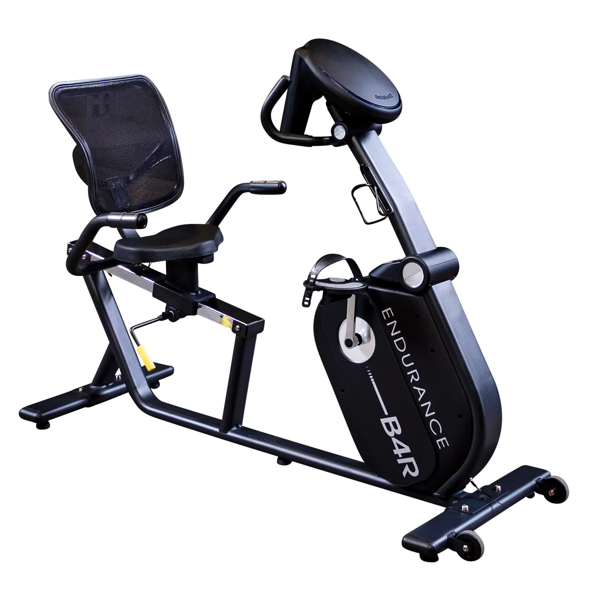 Endurance B4R recumbent exercise bike with mesh seat and sleek black frame.