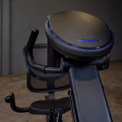 Endurance exercise bike with sleek black design and ergonomic handlebars.