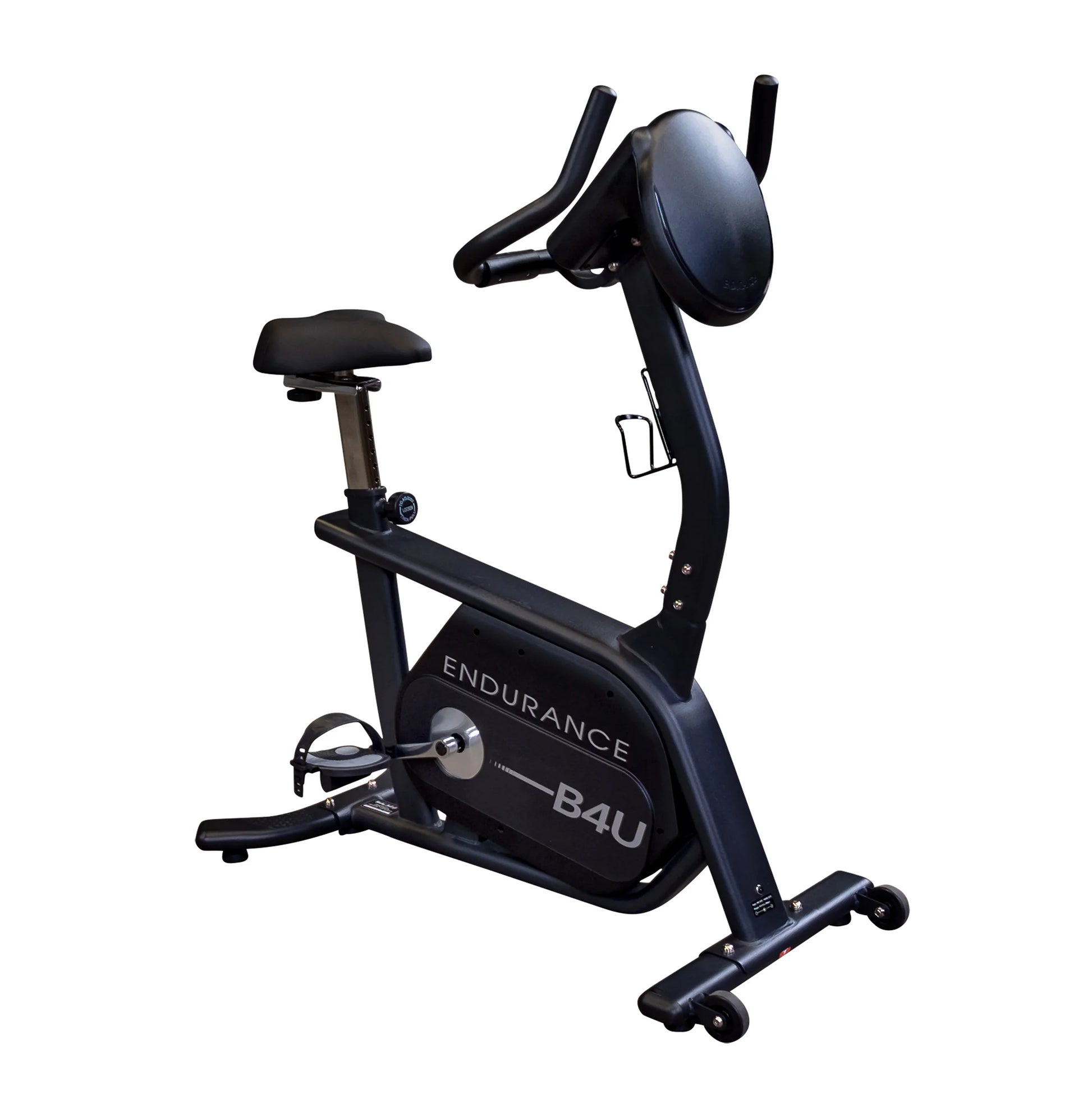 Endurance B4U exercise bike with adjustable seat and sleek black design.