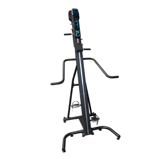 Vertical climber machine with digital display for home fitness.