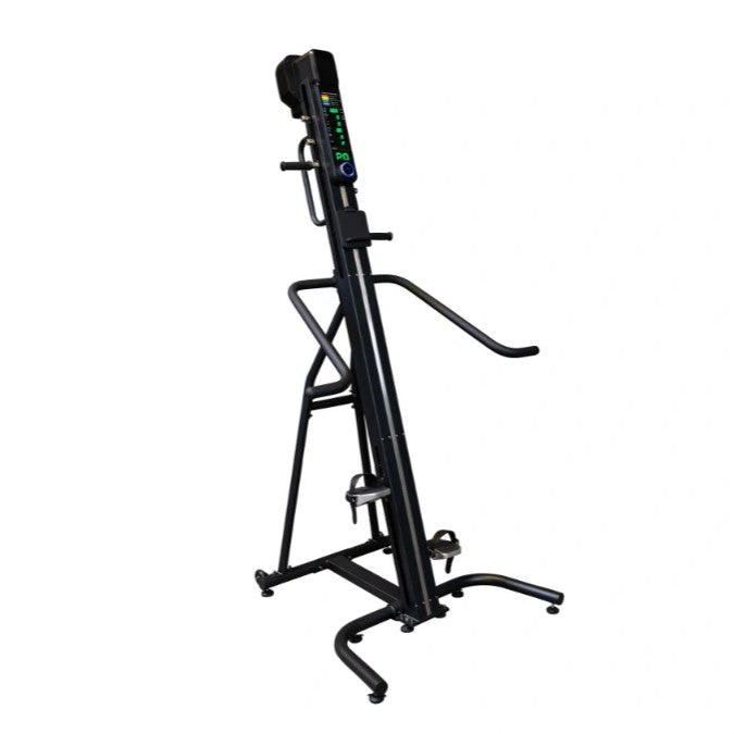 Vertical climber exercise machine with digital display, black.