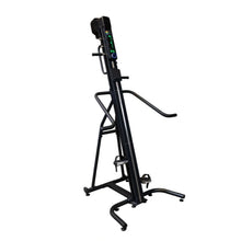 Vertical climber exercise machine with digital display, black.