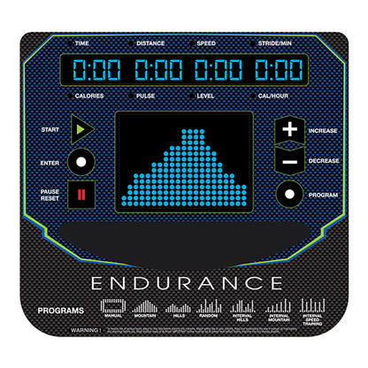 Endurance treadmill console with digital display and blue dot matrix graph.