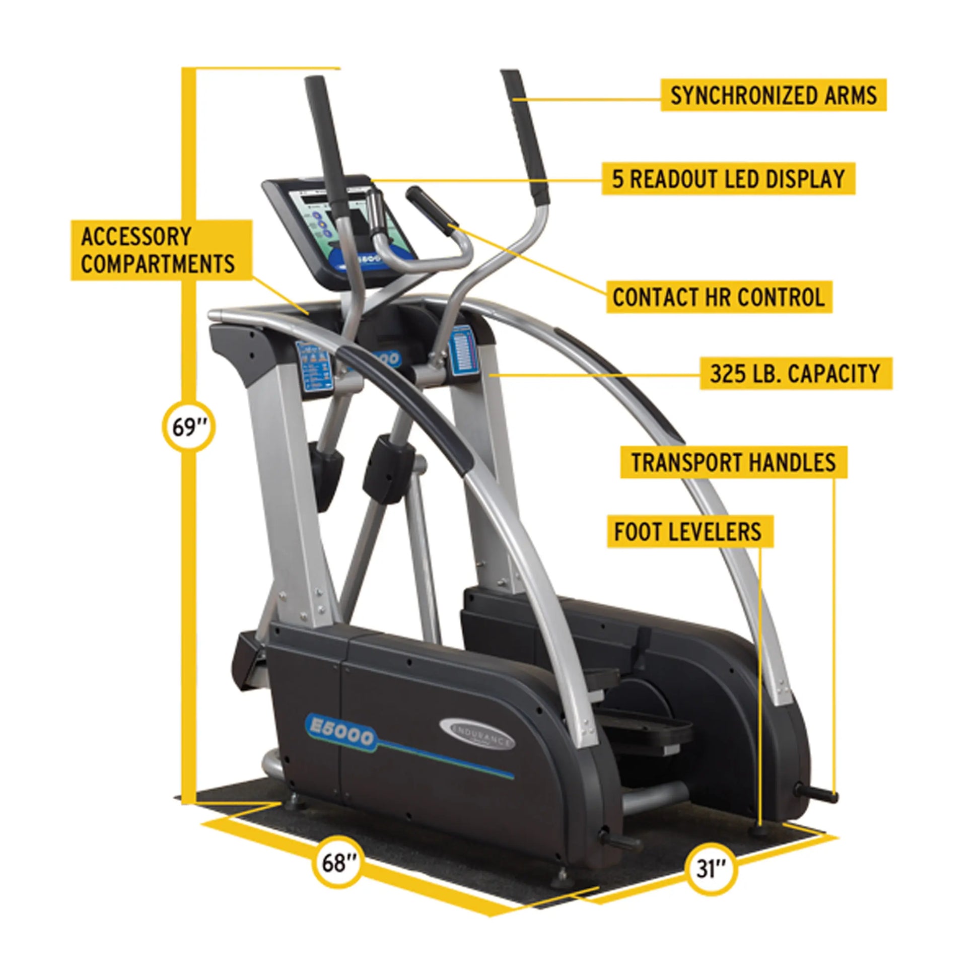 Endurance E5000 elliptical with LED display and 325 lb capacity, featuring synchronized arms and transport handles.