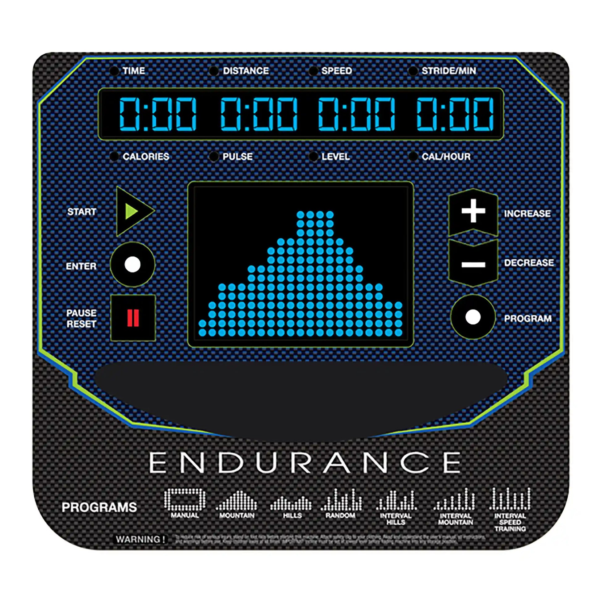 Endurance treadmill console with digital display, speed controls, and program options in blue and black design.