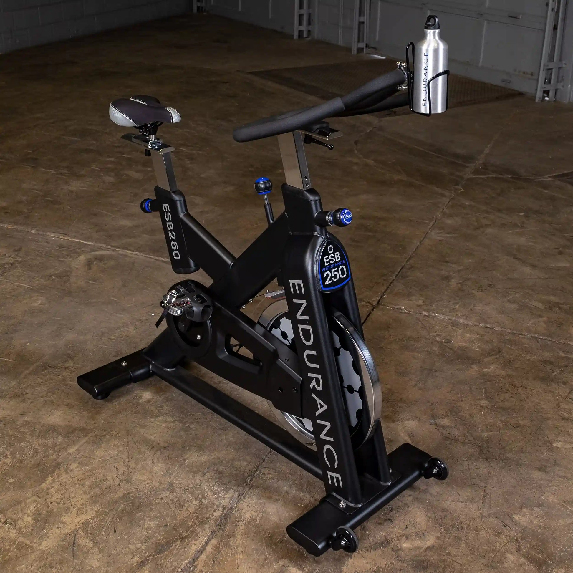 Endurance ESB250 indoor cycling bike with black frame and water bottle holder.