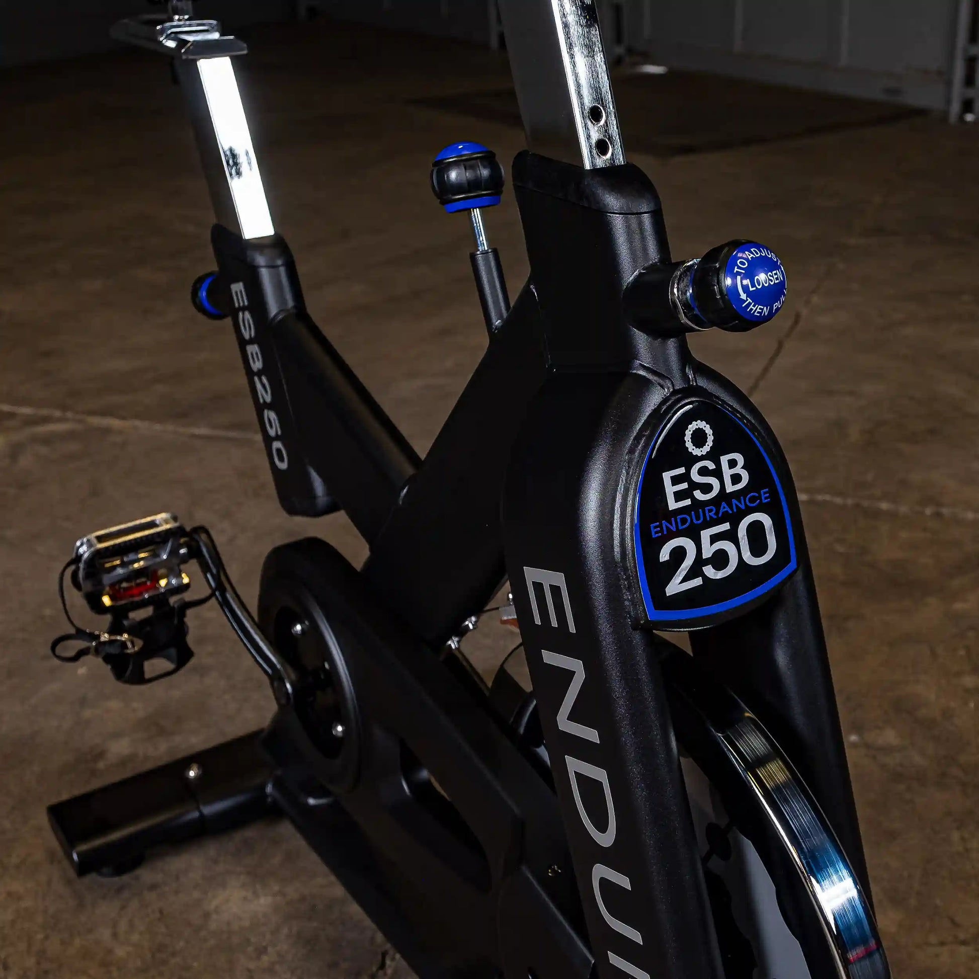 Endurance ESB250 exercise bike with black frame and adjustable seat in a dimly lit room.