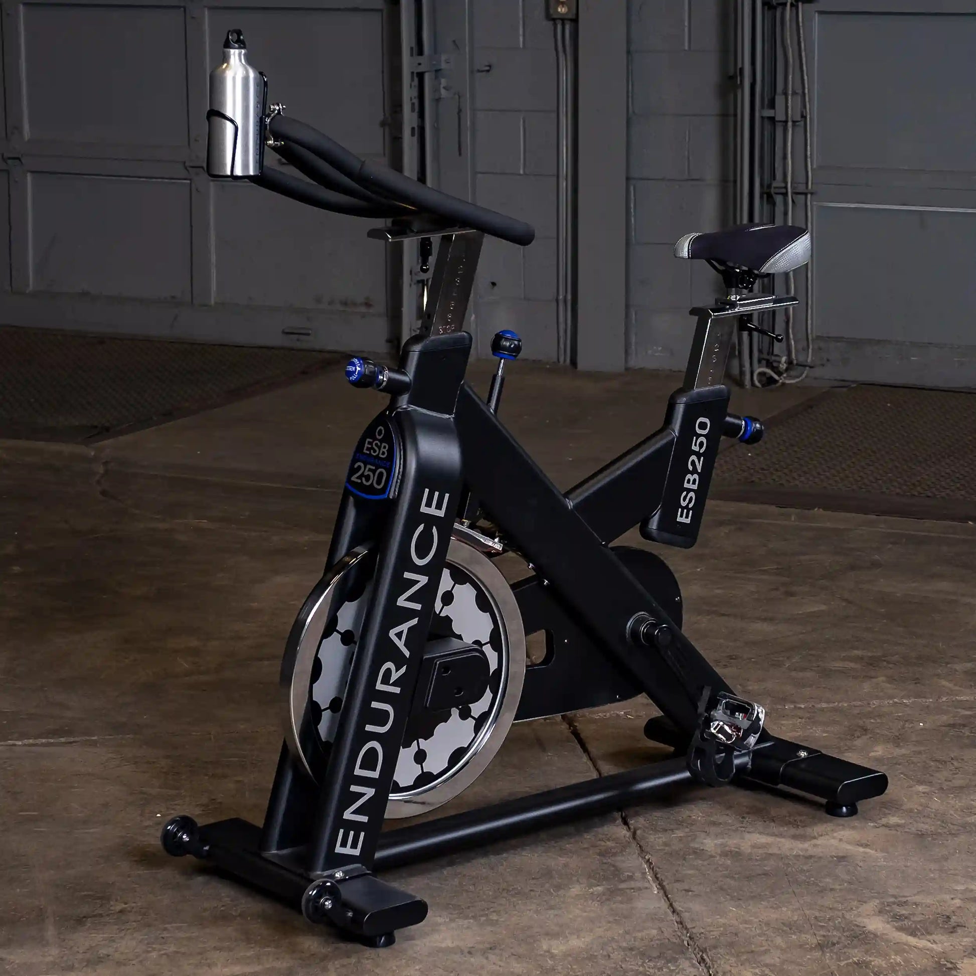 Endurance ESB250 stationary bike with a sleek black design and water bottle holder.