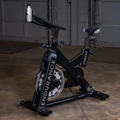 Endurance ESB250 stationary bike with a sleek black design and water bottle holder.