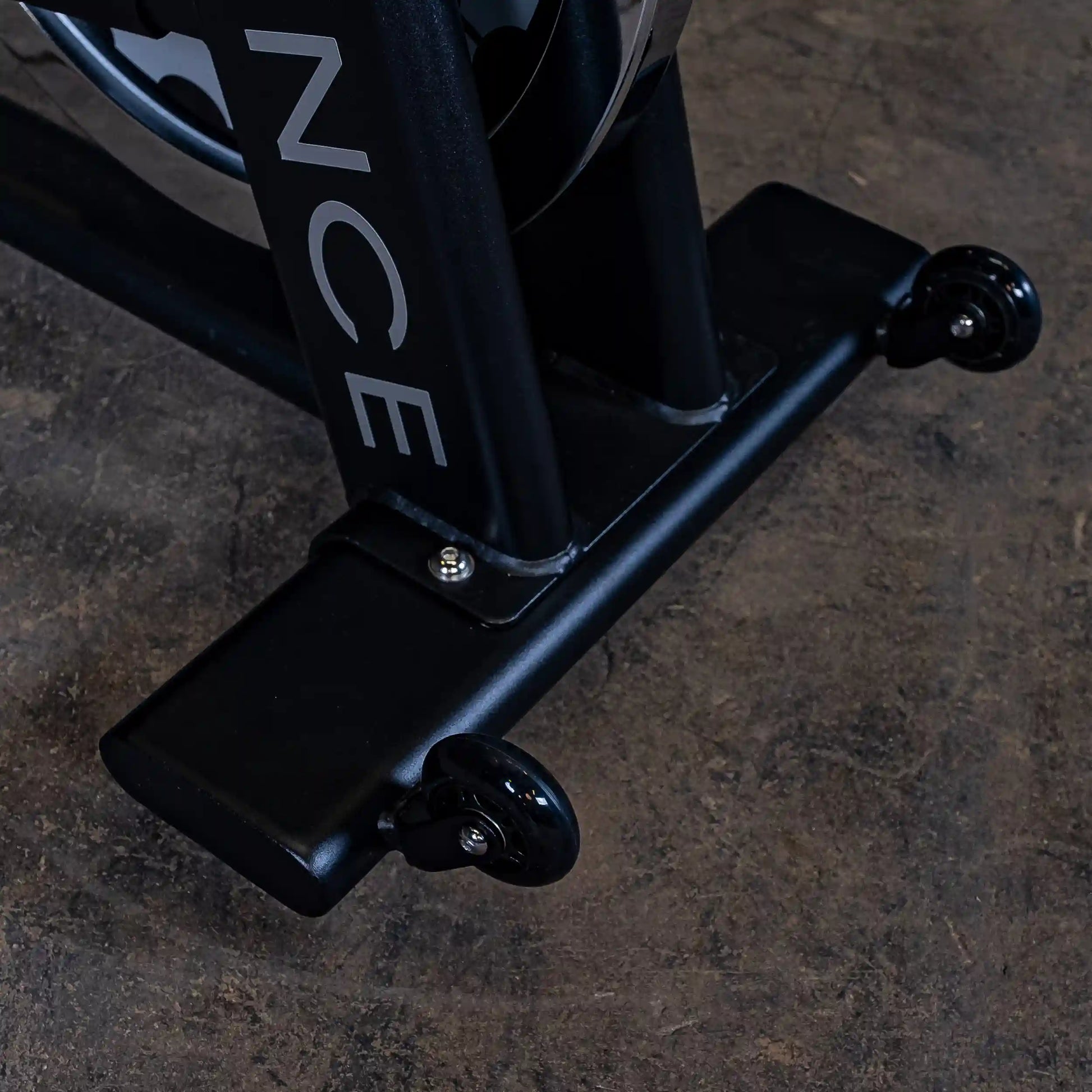 Rogue Echo Bike base with black steel frame and wheels for easy mobility.
