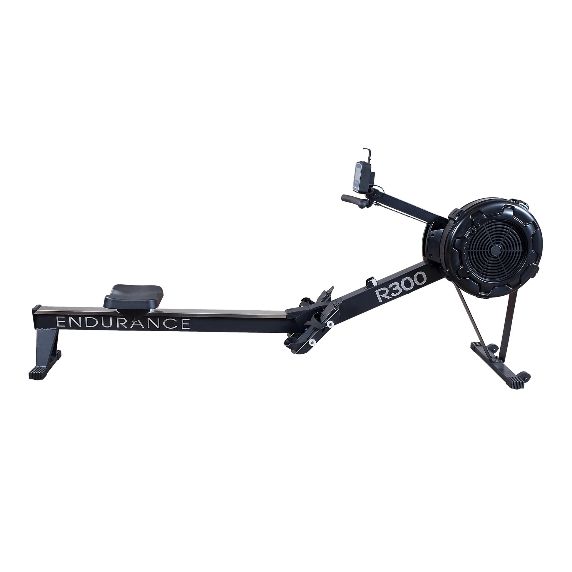 Endurance R300 rowing machine with black frame and digital display for home fitness.
