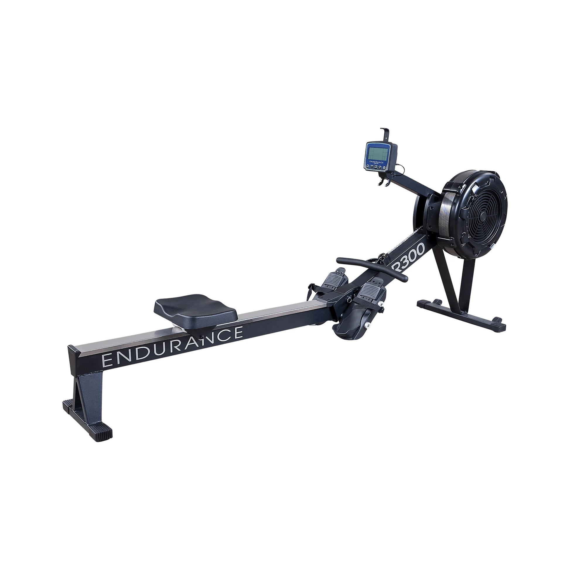 Endurance R300 rowing machine with digital display and black frame for home fitness.