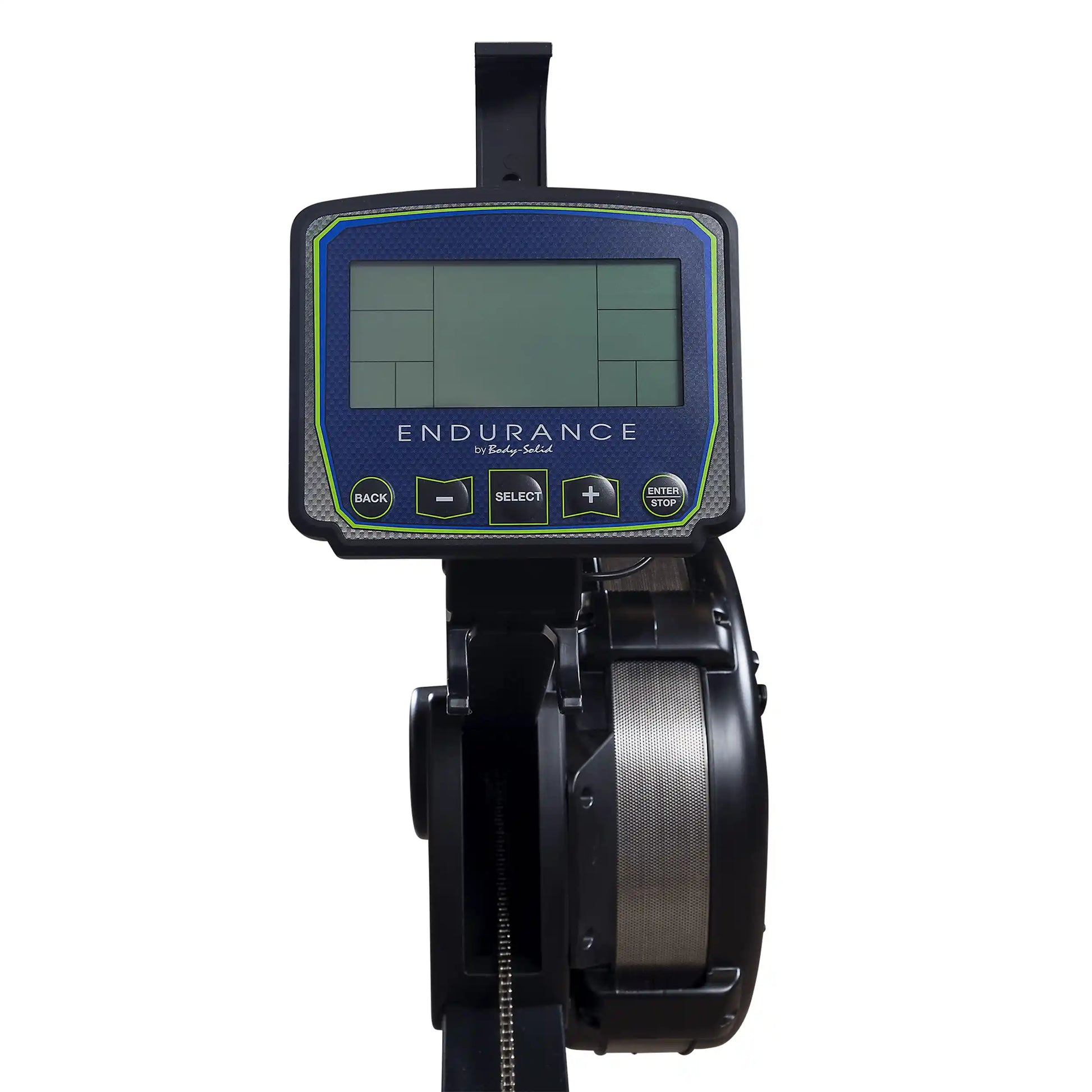 Endurance rowing machine display with blue frame and control buttons.