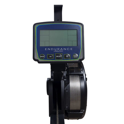 Endurance rowing machine display with blue frame and control buttons.