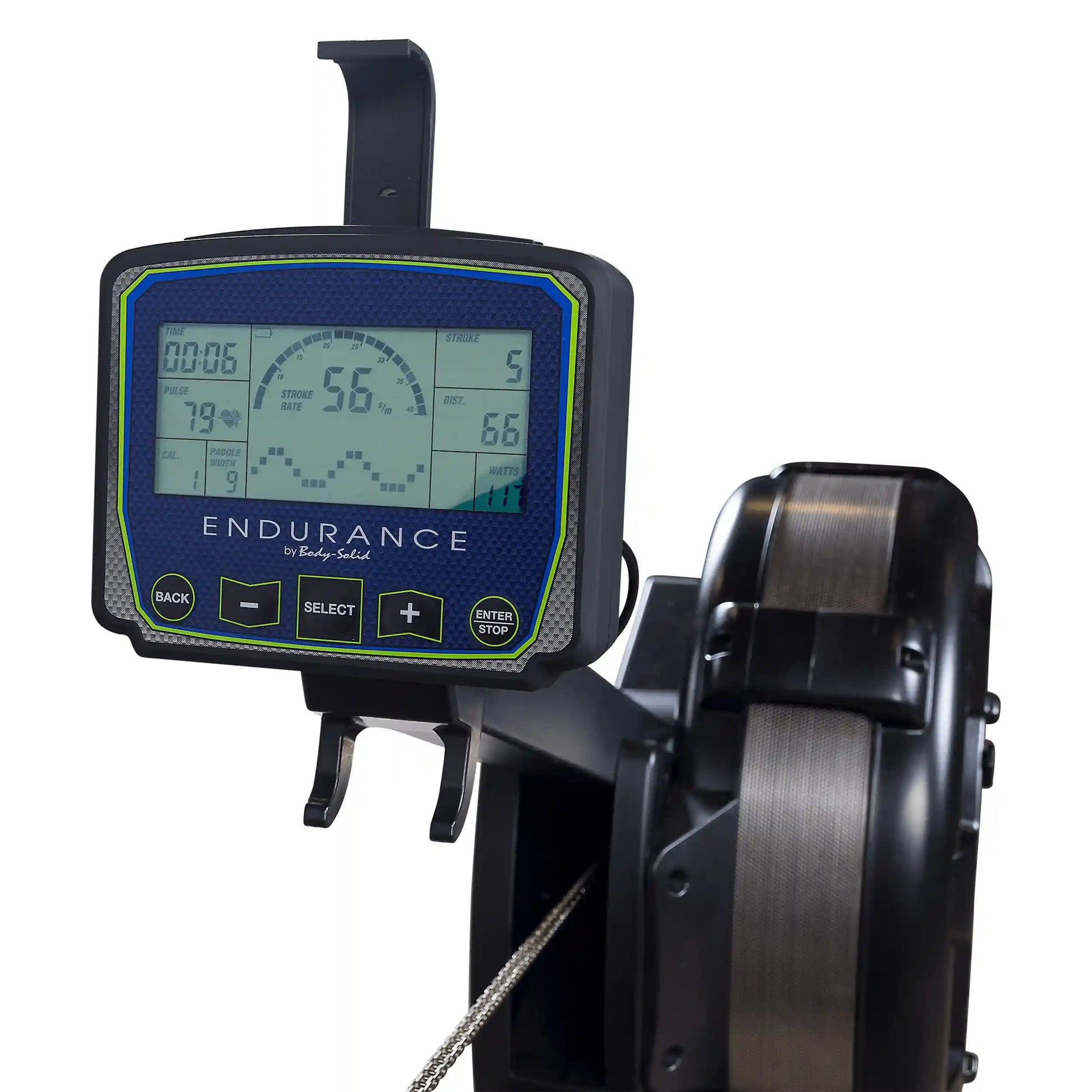 Endurance rowing machine monitor with digital display showing workout metrics.