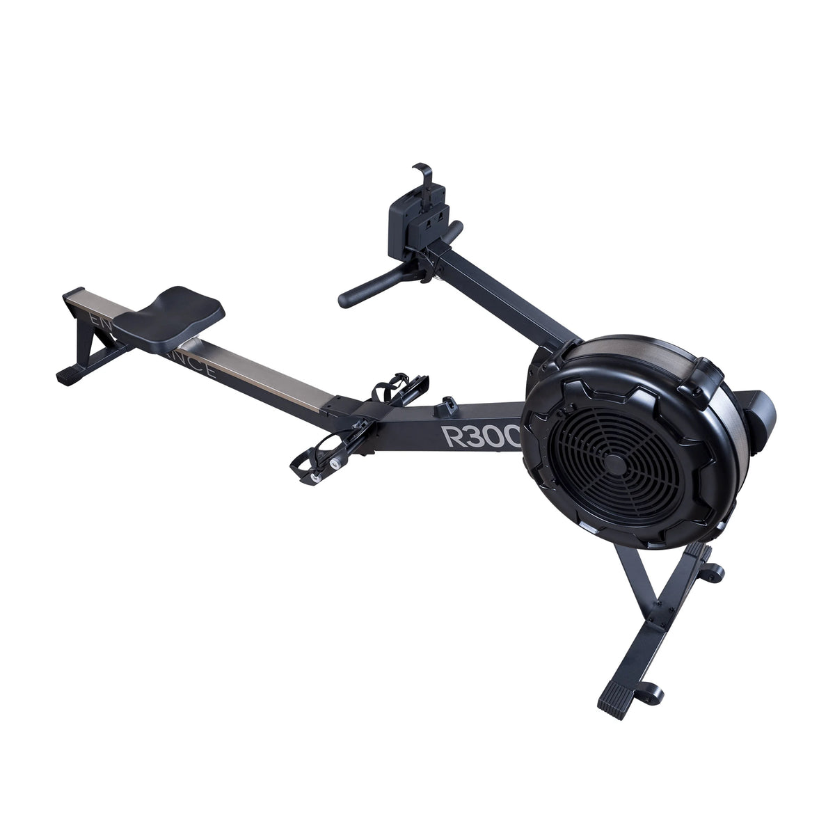 R300 rowing machine with black frame and digital monitor for home fitness.