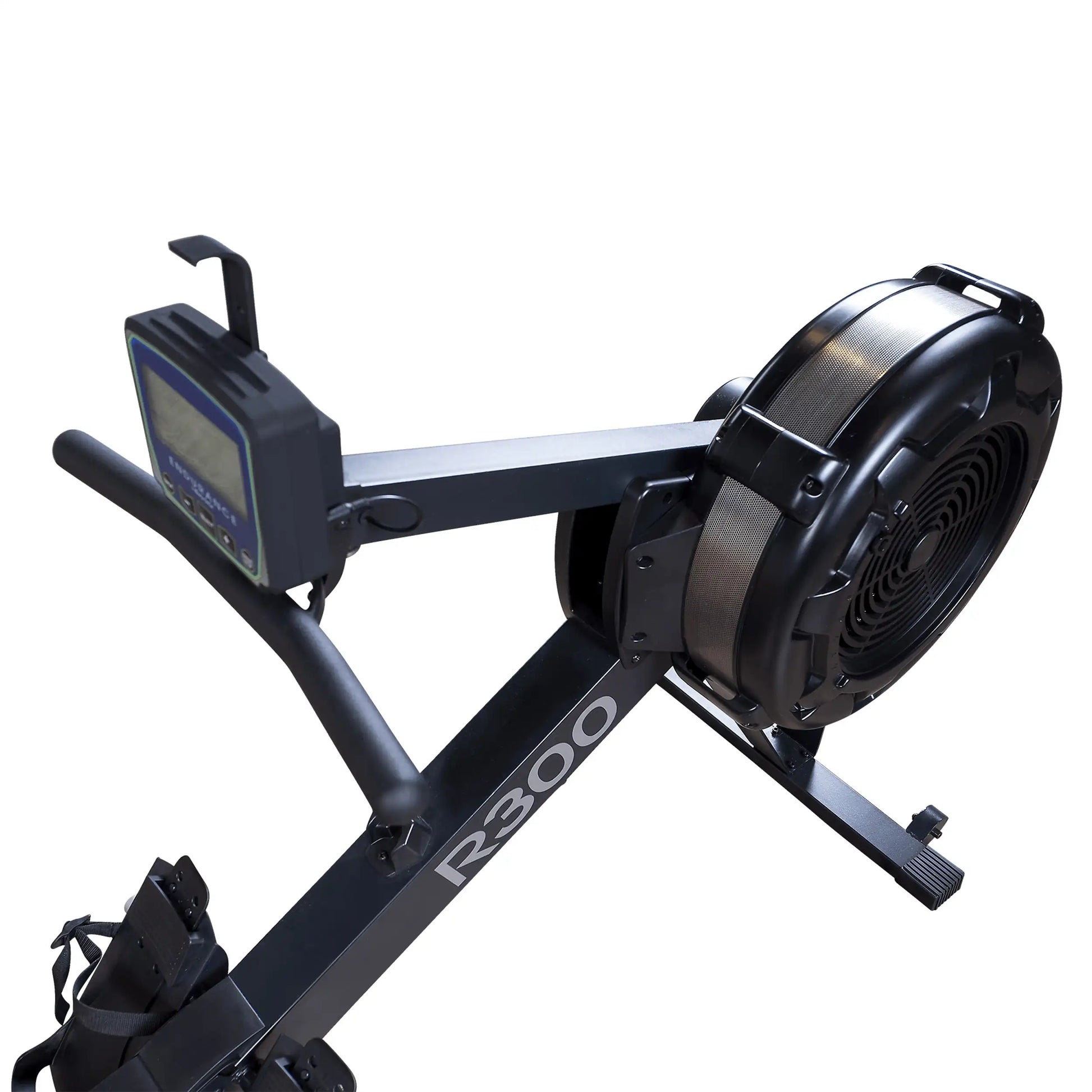 R300 rowing machine with digital monitor and sleek black design.