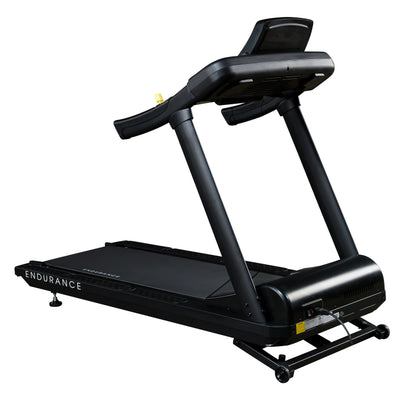 Endurance treadmill with black frame and digital display for home workouts.