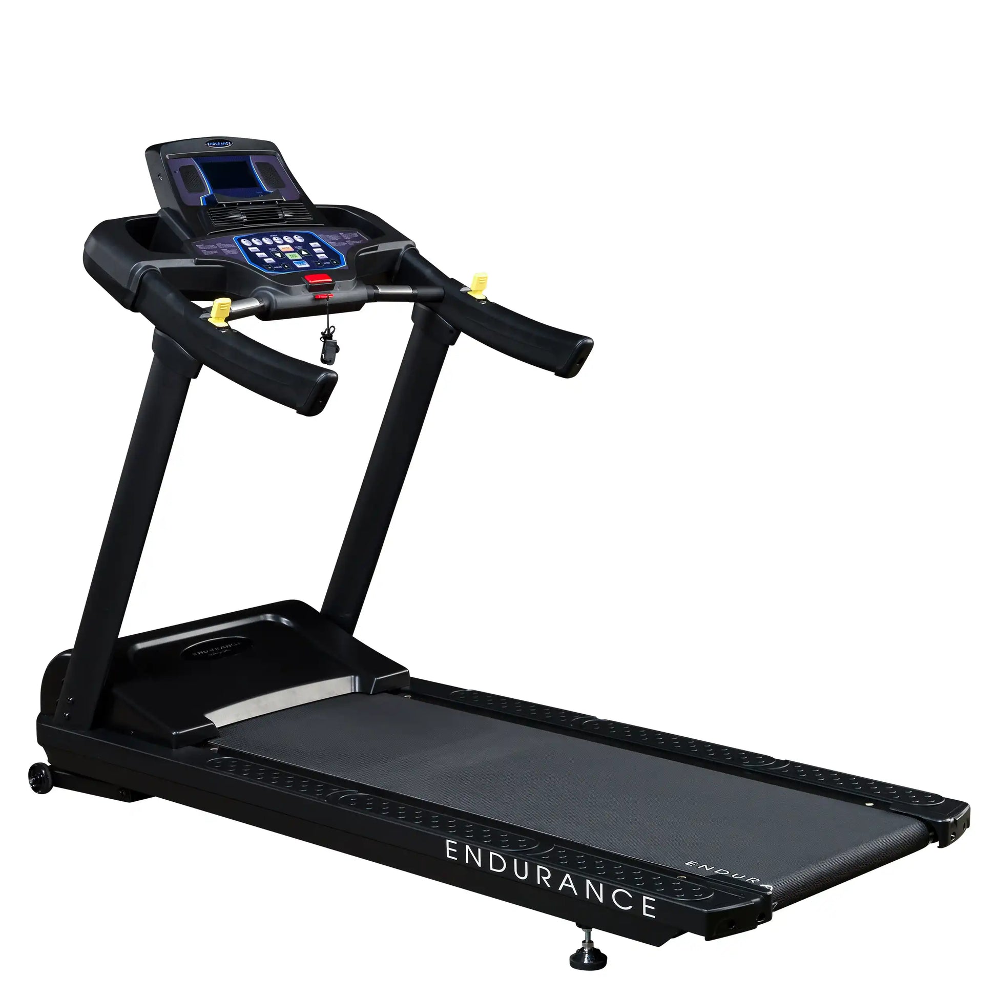 Endurance treadmill with digital console and sleek black design for home workouts.