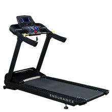 Endurance treadmill with digital console and sleek black design for home workouts.