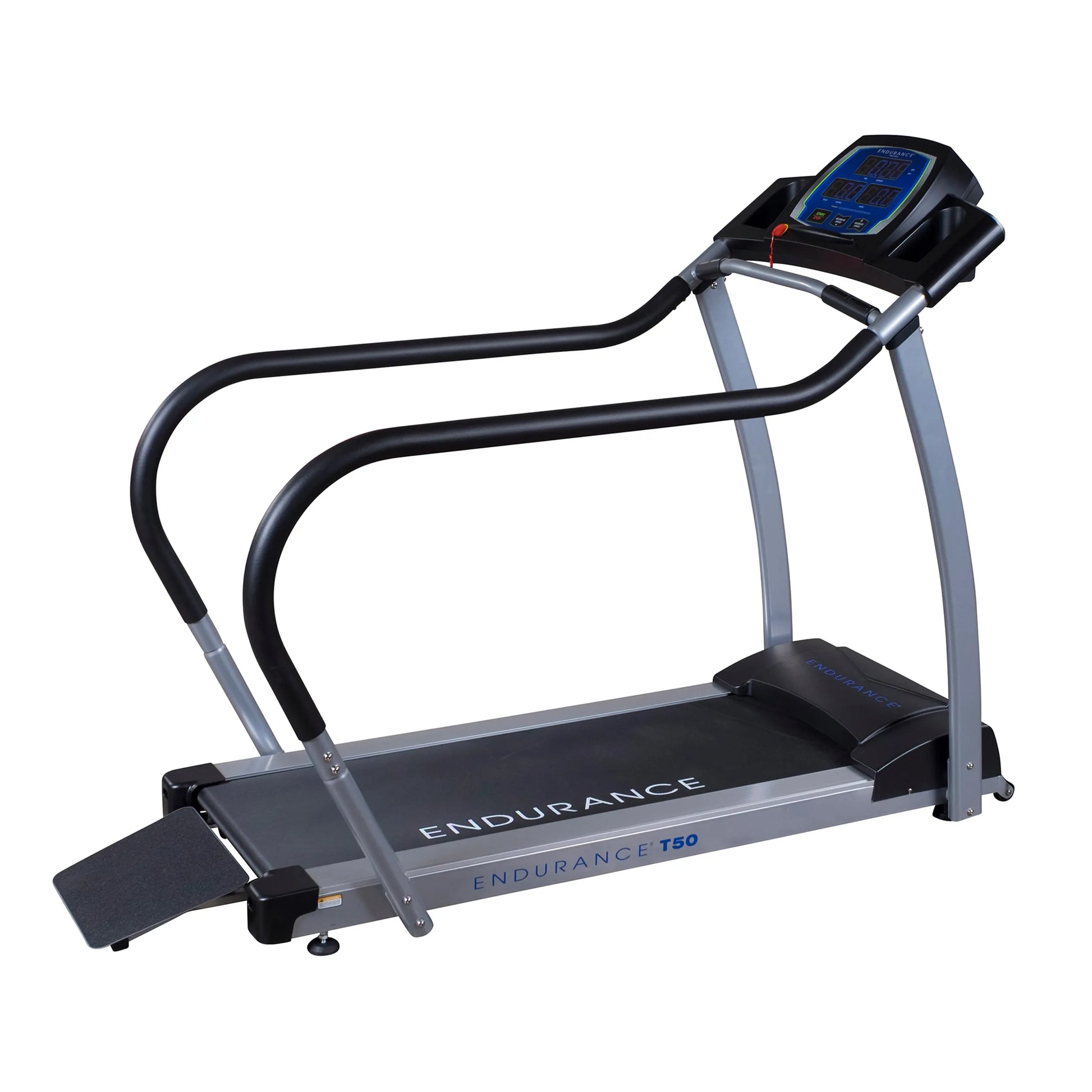 Endurance T50 treadmill with dual handles and digital display for home workouts.