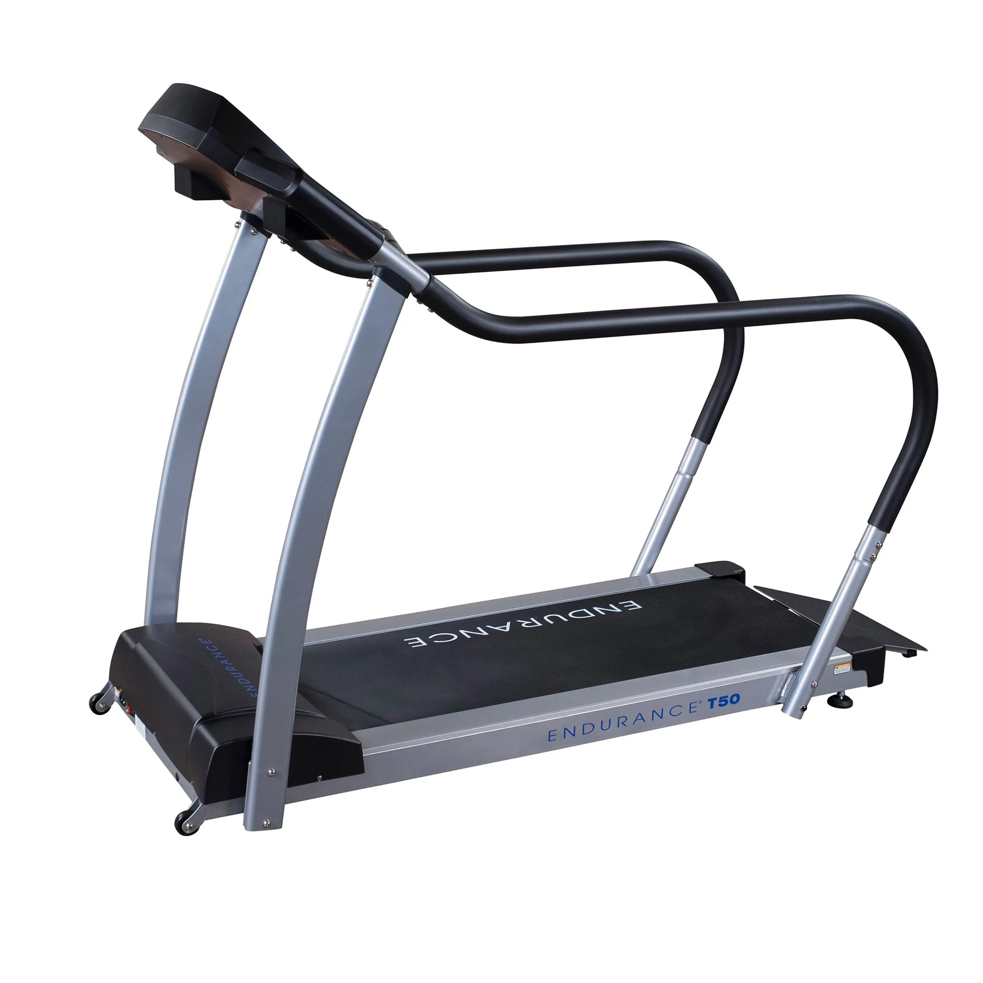 Endurance T50 treadmill with curved handles, black and silver design.