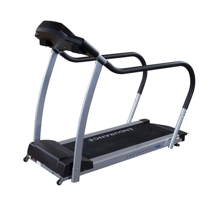 Endurance T50 treadmill with curved handlebars for enhanced stability.