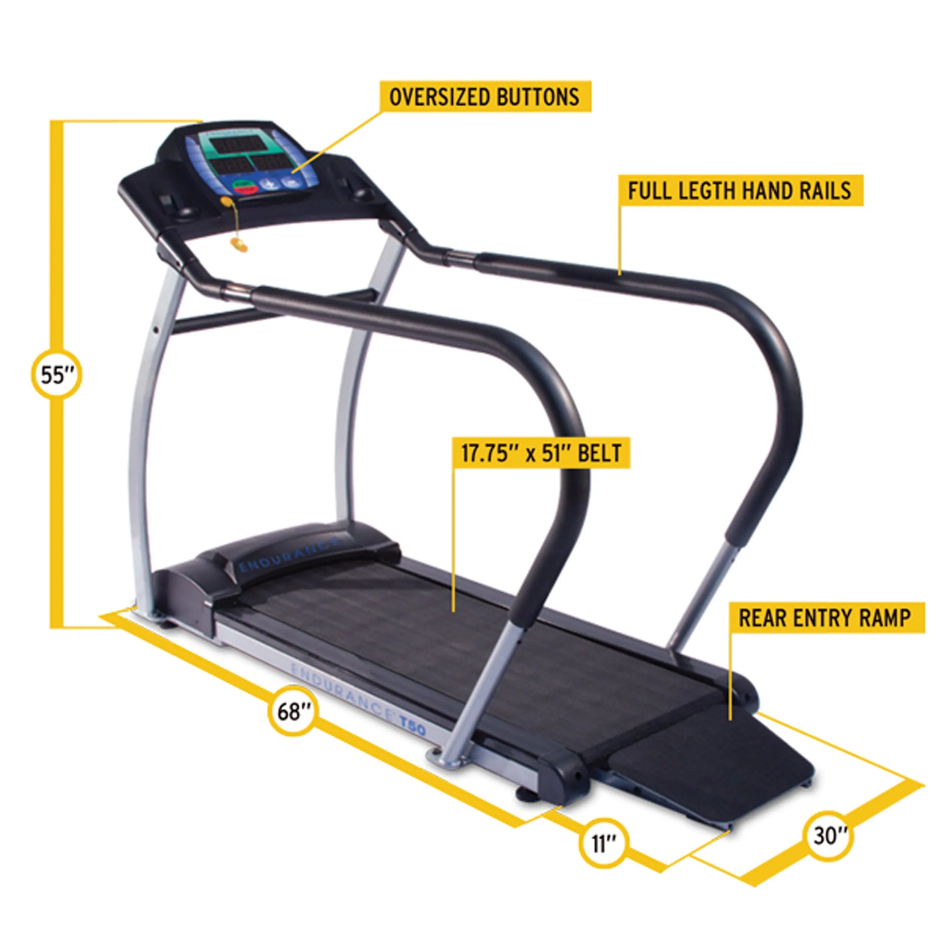Endurance T50 treadmill with oversized buttons, full-length handrails, rear entry ramp, and 17.75x51 belt.