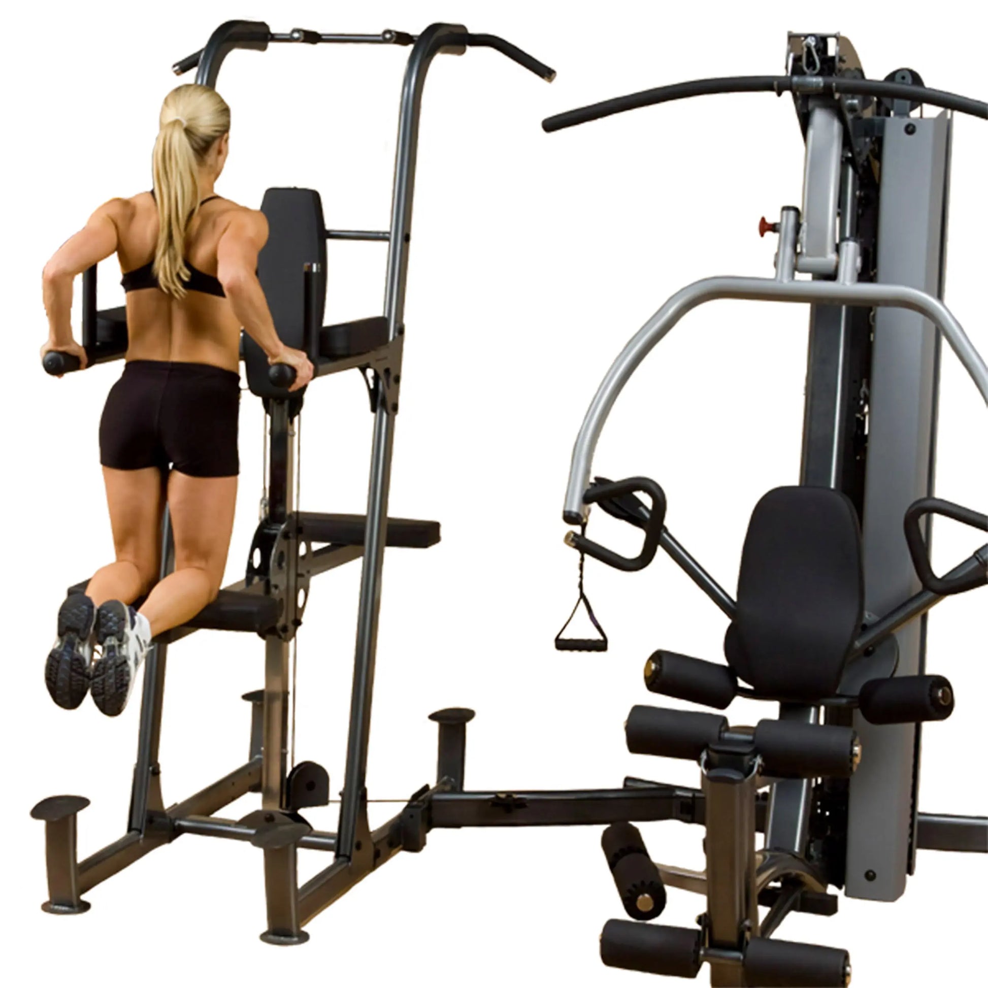 Woman using home gym equipment for dip exercises, featuring a versatile power tower.